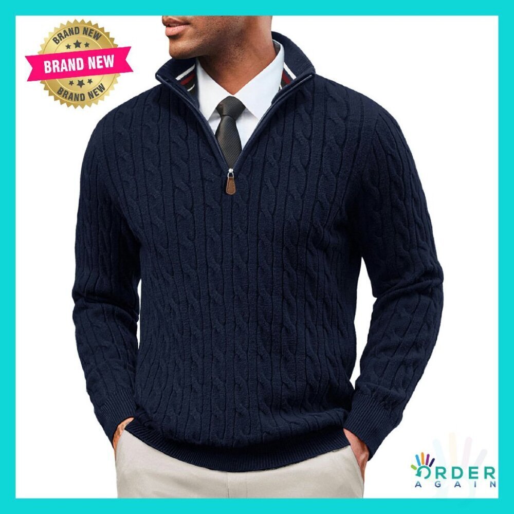 Classic Quarter Zip Cable Knit Sweater Elegant Preppy Pullover Mens